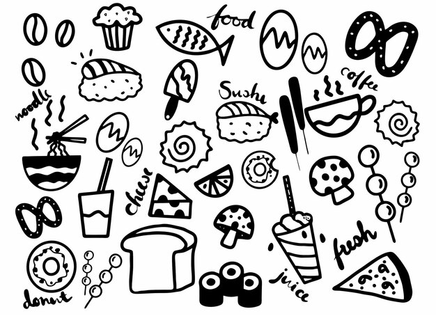Iconos y elementos de alimentos dibujados a mano
