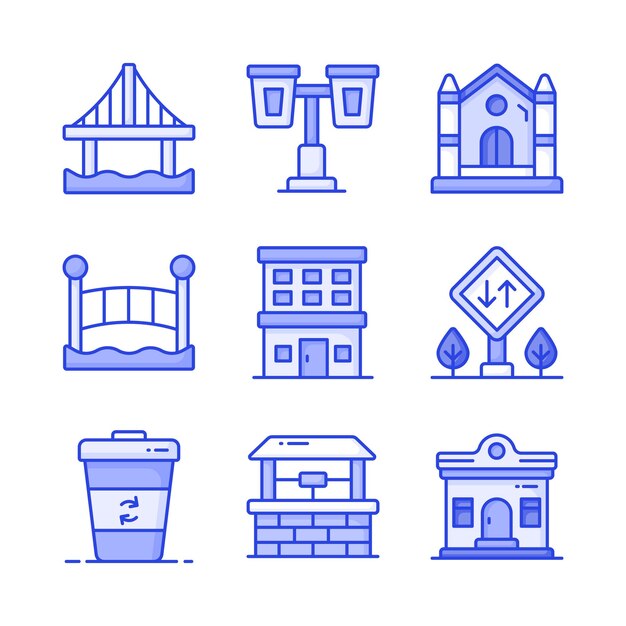Iconos de elementos de la ciudad bien diseñados aislados sobre un fondo blanco