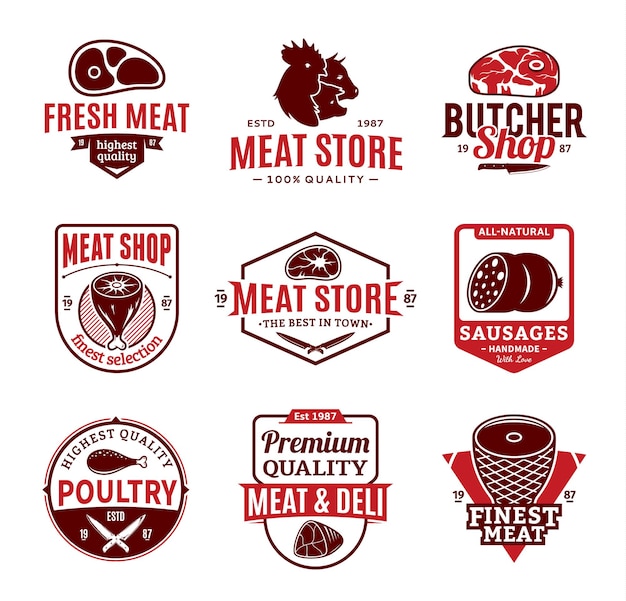Iconos y elementos de diseño del logotipo de carnicería y carne vectorial