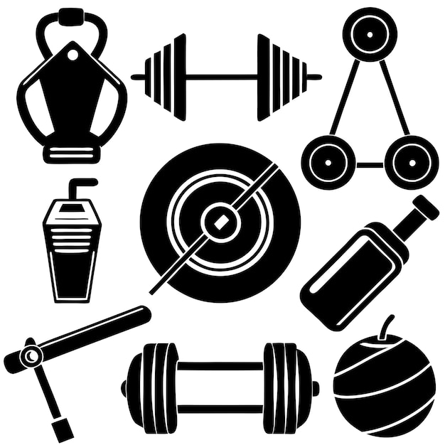 Iconos de elementos de gimnasio conjunto de entrenamiento y iconos de equipos de fitness Colección de vectores sólidos