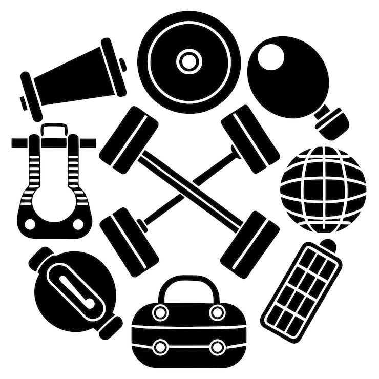 Vector iconos de elementos de gimnasio conjunto de entrenamiento y iconos de equipos de fitness colección de vectores sólidos