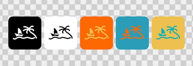 Iconos de elementos de playa con palma de yate y ola Para símbolo de logotipo o diseño web Ilustración plana vectorial