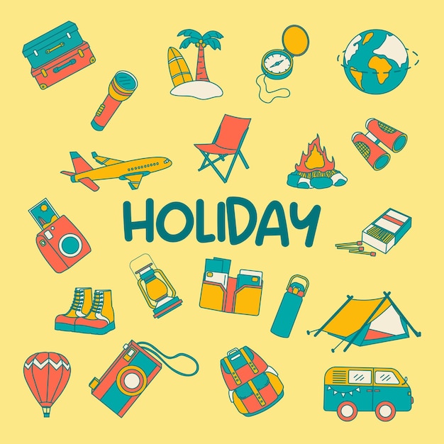 iconos de elementos temáticos de vacaciones en un estilo de garabato plano colorido