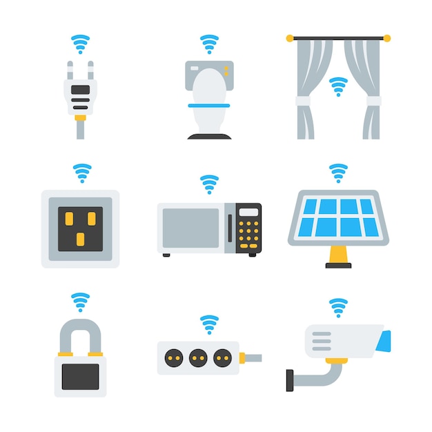 Iconos de elementos vectoriales de color del sistema de automatización del hogar inteligente