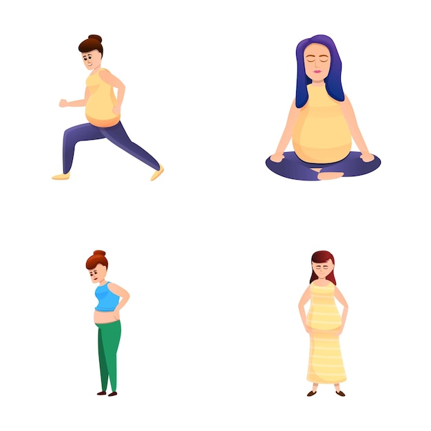 Iconos de embarazo activo conjunto vector de dibujos animados Mujer joven personaje embarazada Maternidad estilo de vida saludable