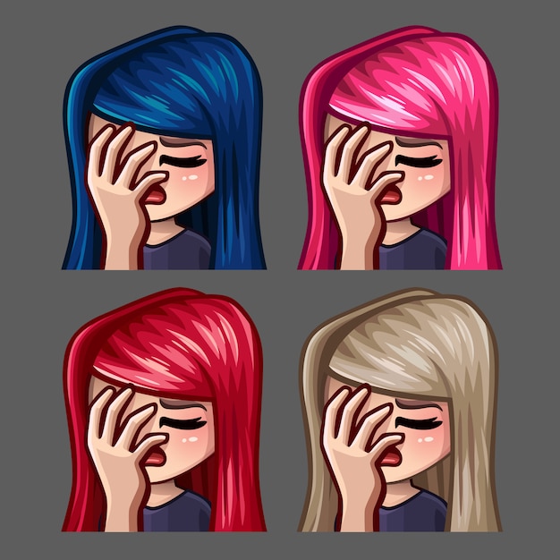 Iconos de emoción facepalm hembra con pelos largos para redes sociales y stickers