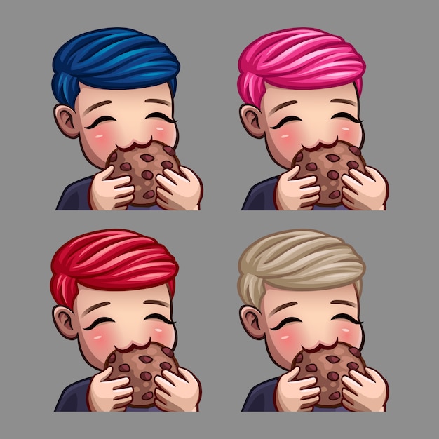 Iconos de emoción hombre feliz comer galletas para redes sociales y pegatinas