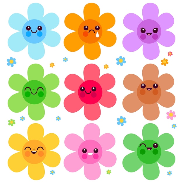 Iconos emoji de flores coloridas personajes de dibujos animados de flores Groovy set de pegatinas de flores Daisy