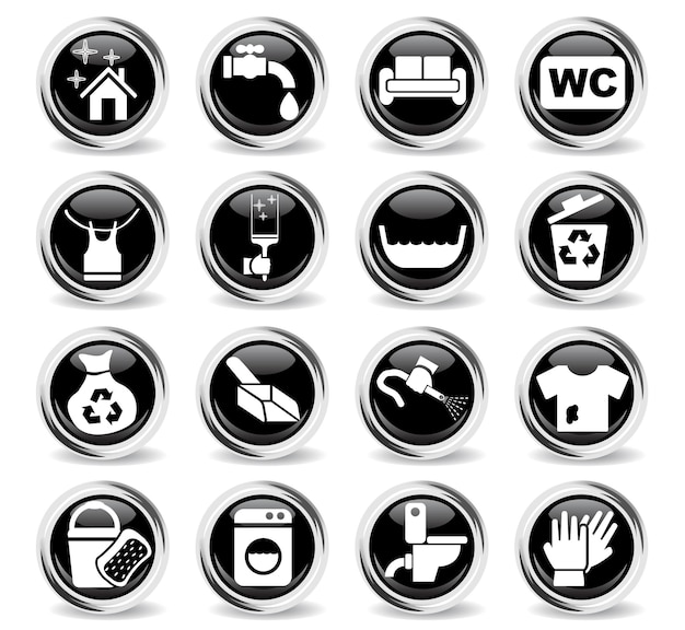 Iconos de la empresa de limpieza en botones negros redondos con anillo de metal