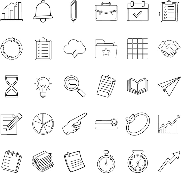 Iconos empresariales Planificación de la productividad Trabajo en equipo y gráficos de crecimiento