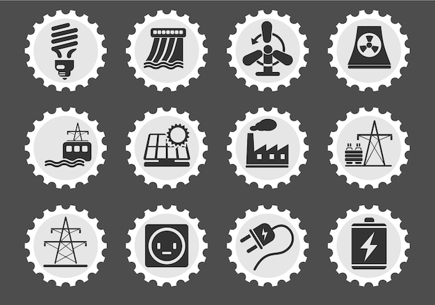 Iconos de energía e industria en sellos postales redondos estilizados