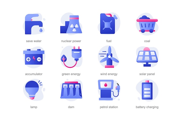 Iconos de energía y energía en un diseño de dibujos animados plano con colores azules. Pequeñas imágenes de caricaturas introducen diferentes tipos de energía alternativa en el mundo moderno. Ilustración vectorial.