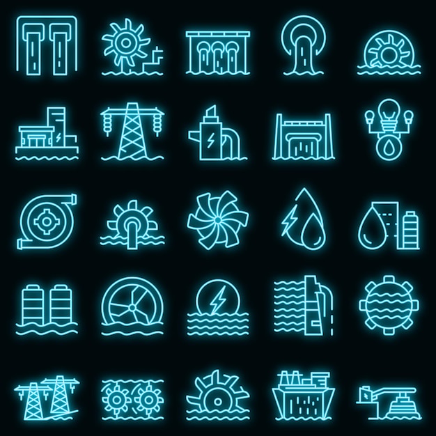 Iconos de energía hidroeléctrica establecer neón vectorial