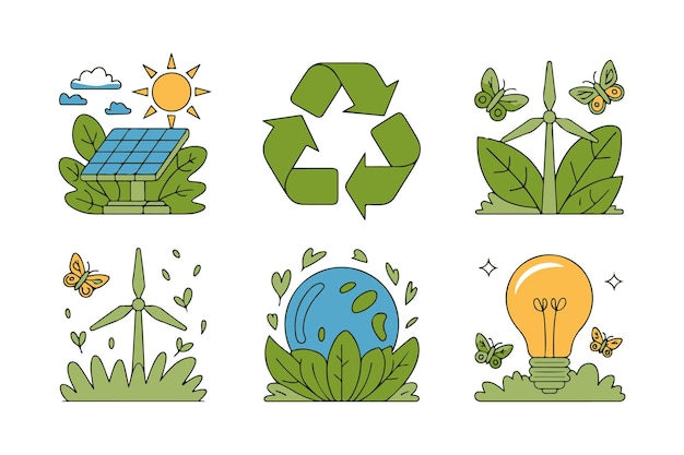 Los iconos de energía limpia muestran el símbolo de reciclaje, el panel solar de la bombilla y la turbina eólica en blanco