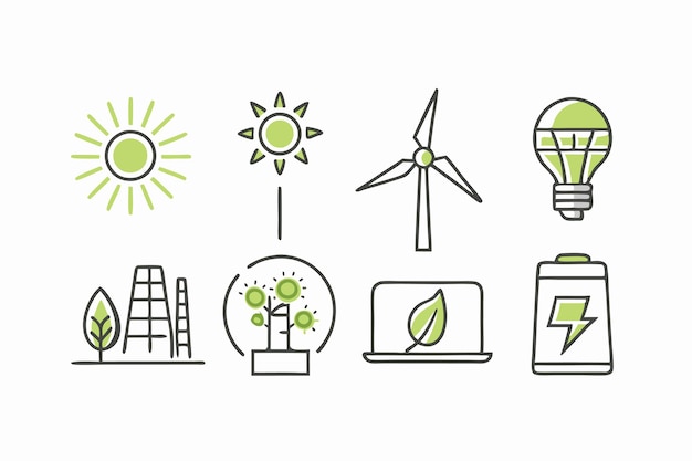 Iconos de energía renovable en fondo blanco
