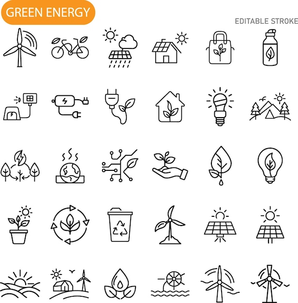 Iconos de la energía verde Soluciones sostenibles y ecológicas para un planeta mejor