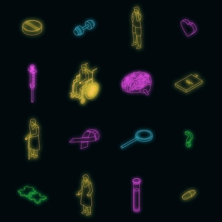 Vector los iconos de la enfermedad de alzheimer establecen neón vectorial