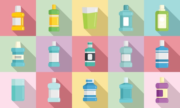 Iconos de enjuague bucal establecer vector plano. Cuidado de la salud