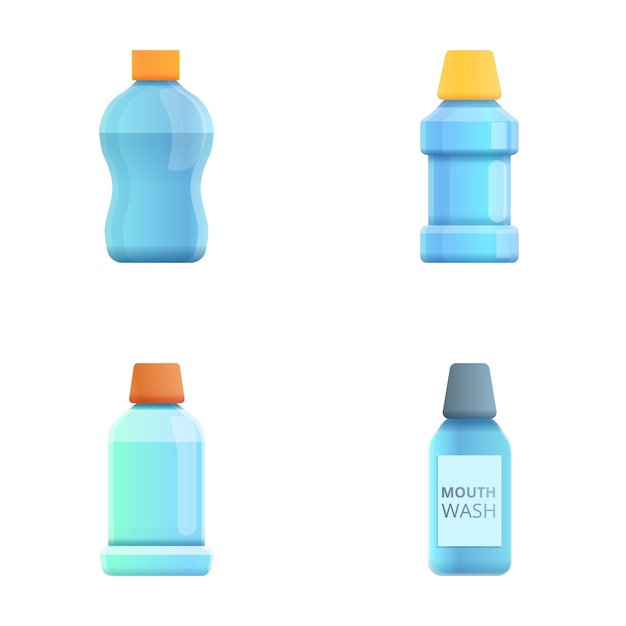 Iconos de enjuague bucal con vector de dibujos animados Líquido de menta para enjuagar la boca
