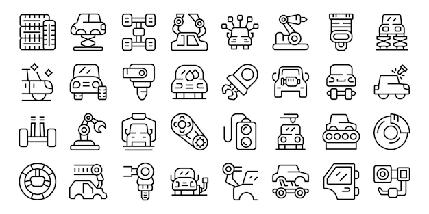 Los iconos de ensamblaje automático establecen el contorno del vector de la fábrica de robots de la industria automotriz