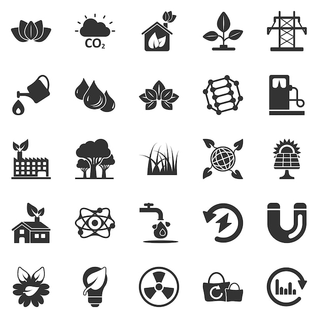 Iconos de entorno ecológico establecidos en estilo plano Ilustración de vector de ecología sobre fondo blanco aislado Bio emblema signo concepto de negocio