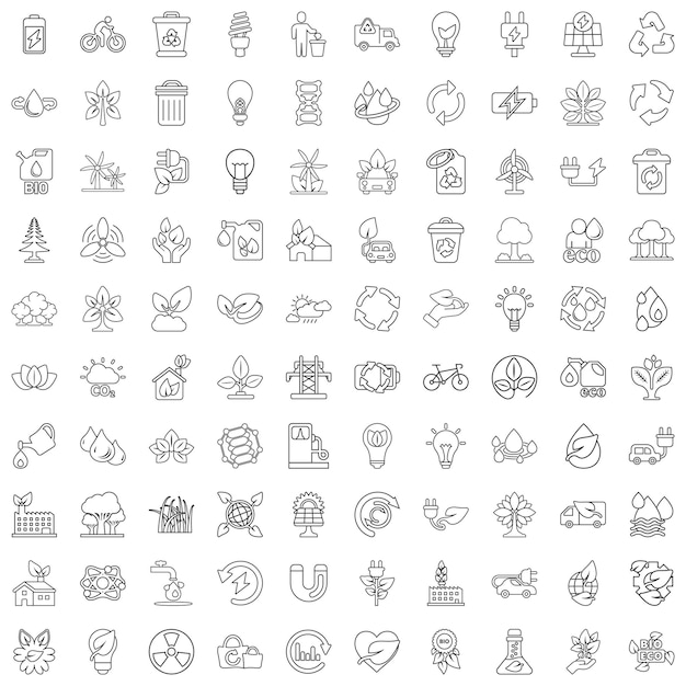 Iconos de entorno ecológico establecidos en estilo plano Ilustración de vector de ecología sobre fondo blanco aislado Bio emblema signo concepto de negocio