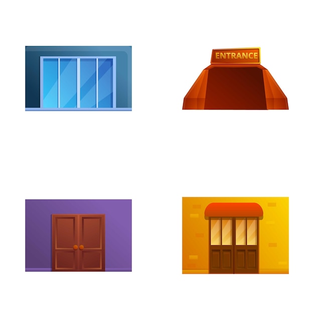 Iconos de entrada conjunto vector de dibujos animados Puerta de entrada de vidrio y madera Detalle exterior