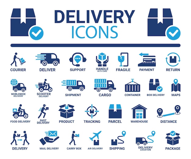 Iconos de entrega Entrega de mensajería Apoyo a envíos de retorno frágiles Entrega de cajas de carga y más