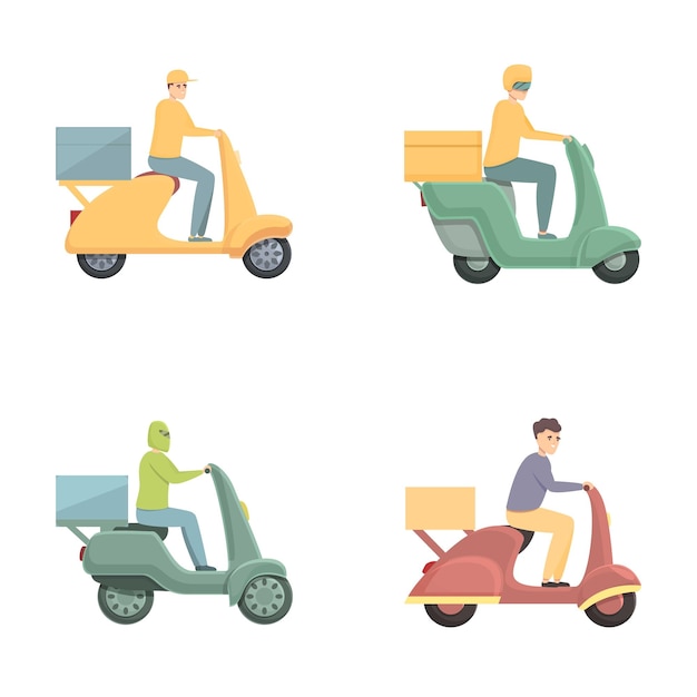 Iconos de entrega en línea conjuntos de vectores de dibujos animados Hombre de entrega montado en scooter