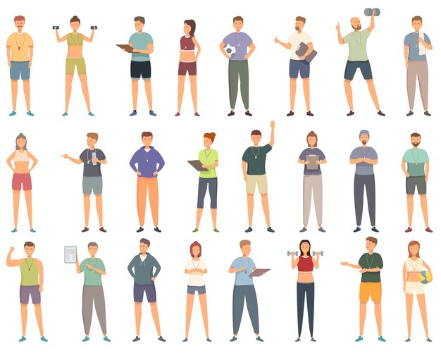 Los iconos del entrenador atlético establecen el vector de dibujos animados Entrenador masculino Hombre deporte