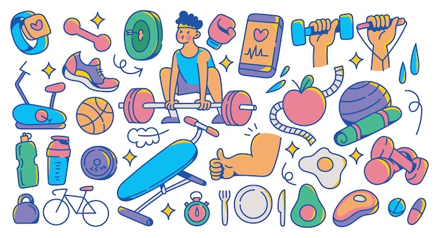 Iconos de entrenamiento Doodle Fitness saludable Gimnasio Ejercicio Alimentos Equipo Ilustración
