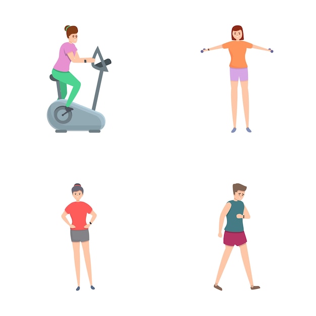 Iconos de entrenamiento de gimnasio conjuntos de vectores de dibujos animados Gente haciendo ejercicio físico