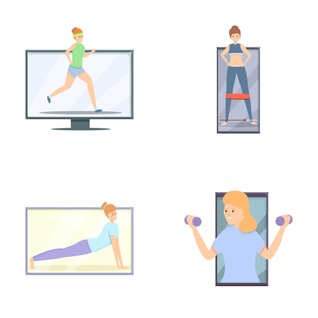 Iconos de entrenamiento en línea conjunto de vector de dibujos animados Entrenador profesional en línea