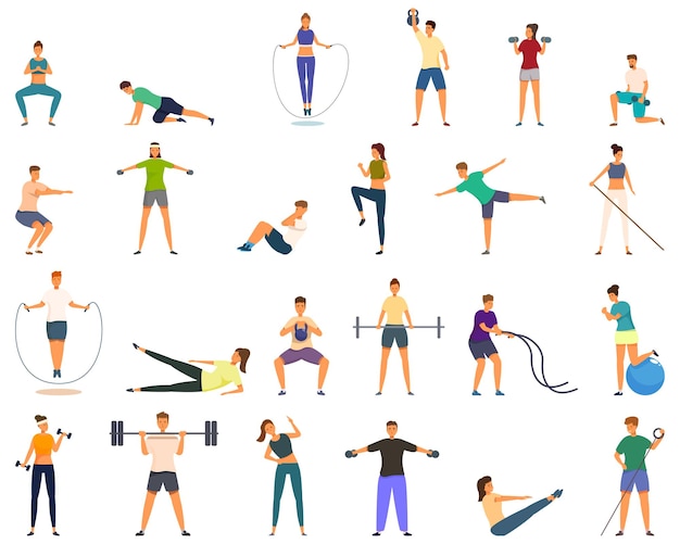 Iconos de entrenamiento para quemar grasa con vectores de dibujos animados ejercicio de salto