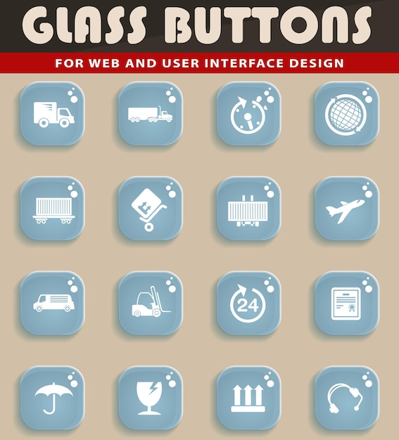 Iconos de envío de carga en botones de vidrio para el diseño de la interfaz de usuario