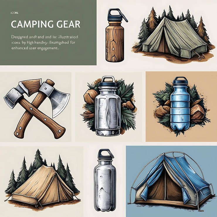 Iconos de equipo de campamento vintage Esenciales de campamento en una ilustración vintage