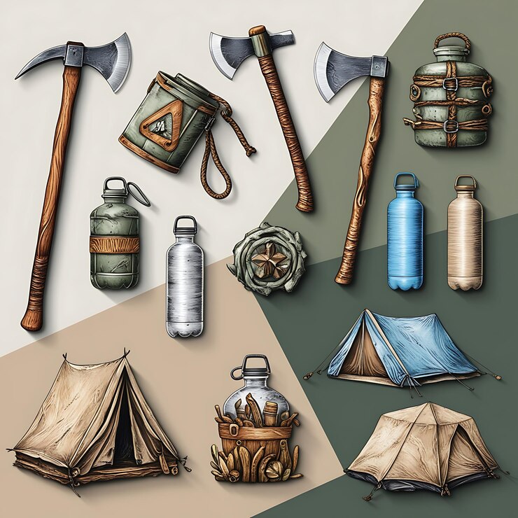 Iconos de equipo de campamento vintage Esenciales de campamento en una ilustración vintage