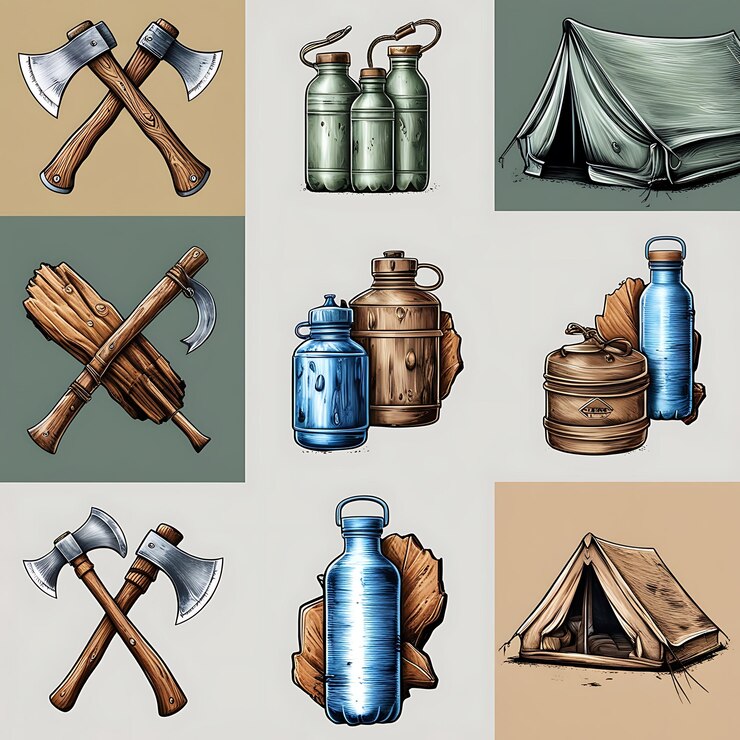 Iconos de equipo de campamento vintage Esenciales de campamento en una ilustración vintage