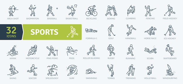 Iconos de equipo deportivo Empaque de equipo para la acción Conjunto de iconos de línea delgada