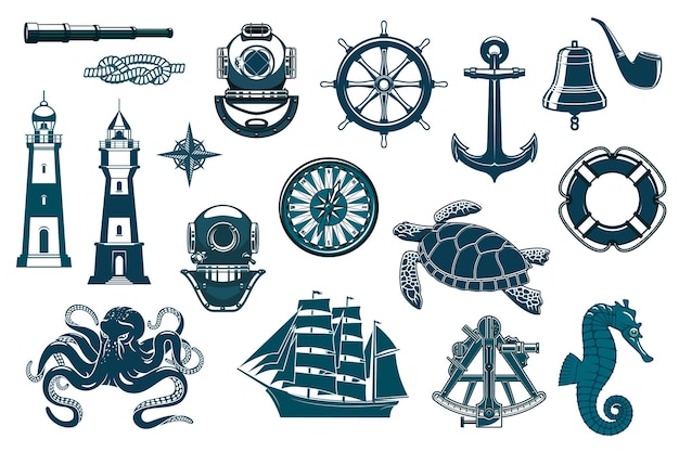 Iconos de equipo de velero de navegación náutica