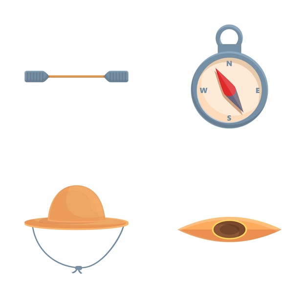 Iconos de equipos de caiaque conjuntos de vectores de dibujos animados Varias herramientas para caiaque