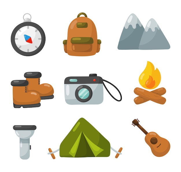 Iconos de equipos de camping conjunto aislado sobre fondo blanco.