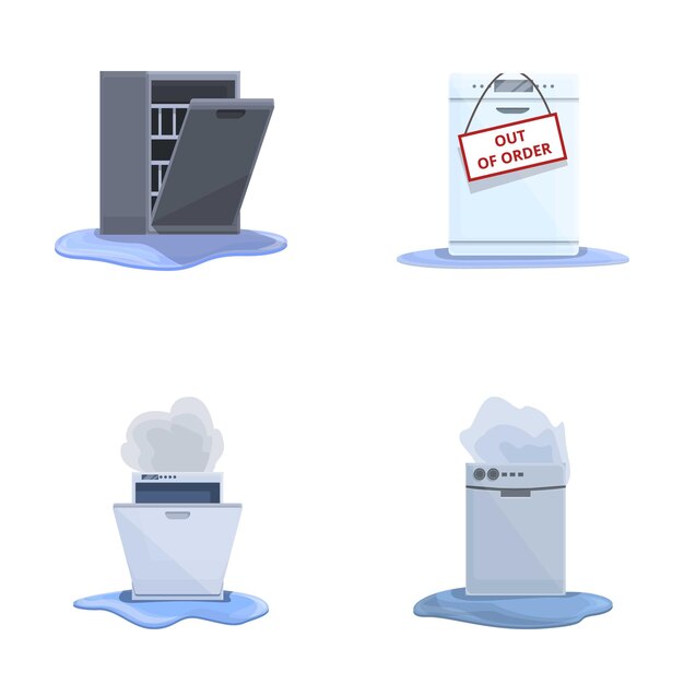 Iconos de equipos de cocina conjuntos de vectores de dibujos animados Lavaplatos domésticos averiados