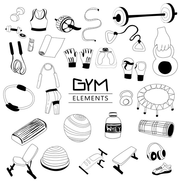 Iconos de equipos de fitness configurados en estilo plano Concepto de estilo de vida saludable Ilustración vectorial