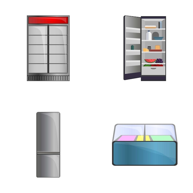 Los iconos de equipos de refrigeración establecen vector de dibujos animados Nevera escaparate Almacenamiento de productos
