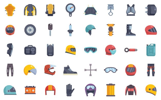 Iconos de equipos y ropa de motocicletas que muestran cascos, chaquetas y herramientas