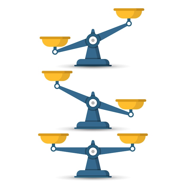 Iconos de escala configurados en estilo plano Ilustración vectorial de equilibrio de peso en un fondo aislado Concepto de negocio de señales de comparación de equilibrio
