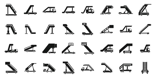Iconos de escaleras de avión establecen vector simple Avión de motor Personal de llegada