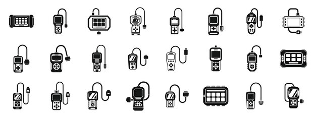 Iconos de escáner de diagnóstico de automóviles vector de conjunto Una colección de dispositivos electrónicos incluyendo un teléfono móvil una tableta