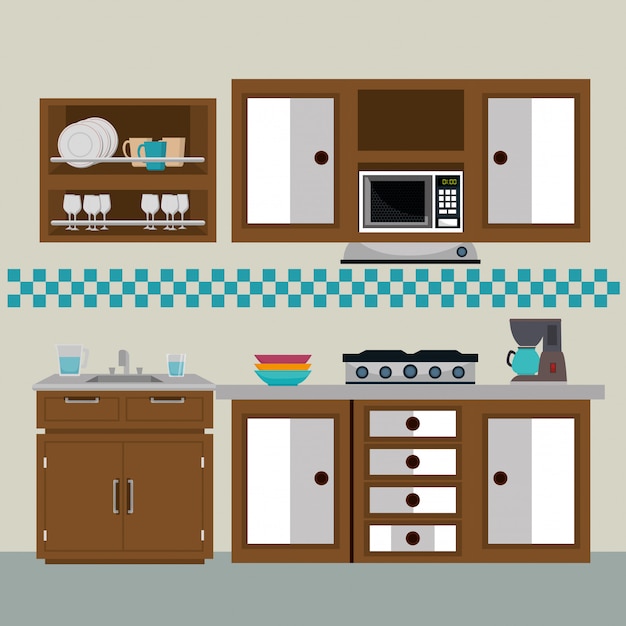 Vector iconos de escena moderna cocina